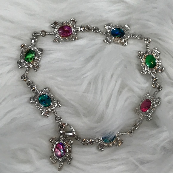 Silver Turtle Bracelet Multi Color Faux Stones - Picture 6 of 8